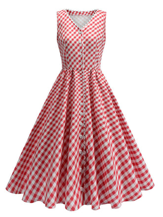 Robe rouge à carreaux vichy et col en V des années 1950