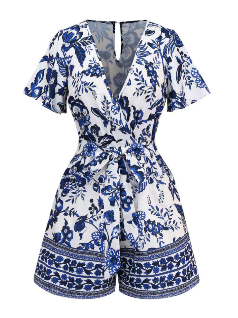 Combishort bleue fleur bleu-blanc-porcelaine ceinture années 1950