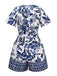 Combishort bleue fleur bleu-blanc-porcelaine ceinture années 1950
