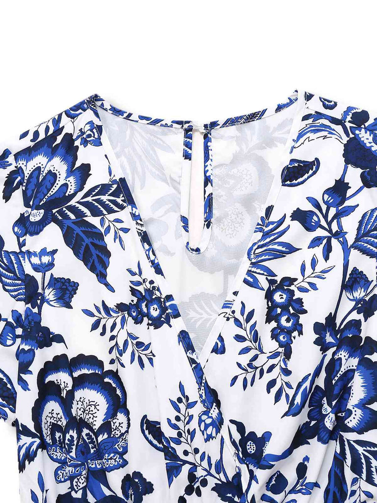 Combishort bleue fleur bleu-blanc-porcelaine ceinture années 1950