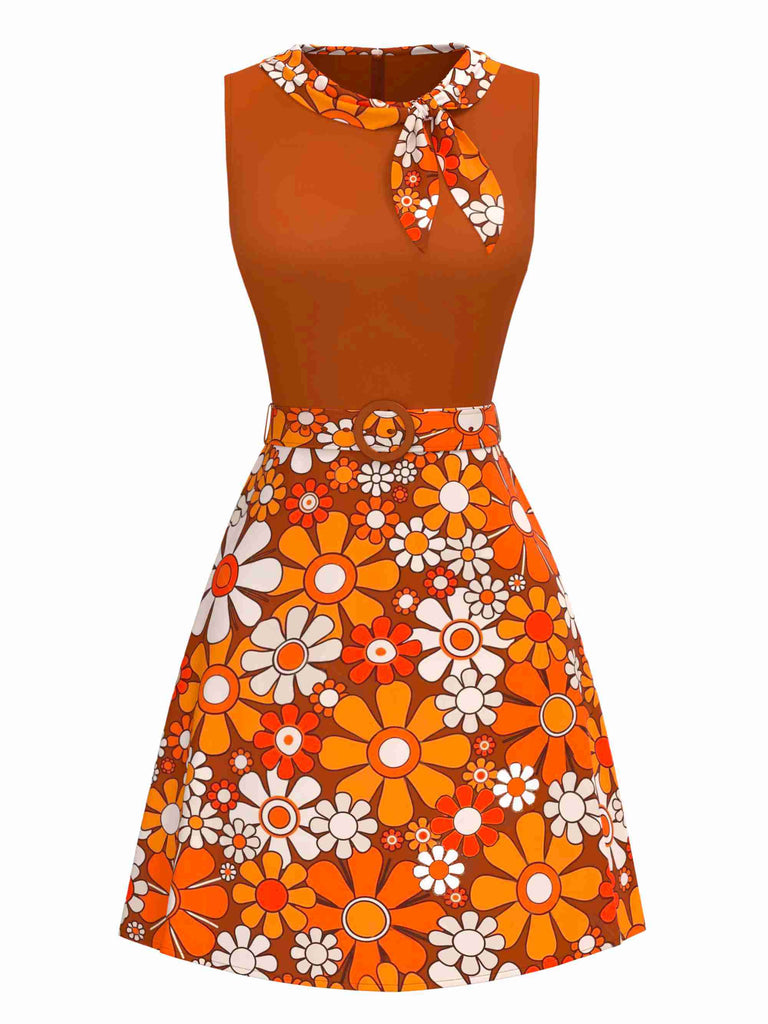 [Prévente] Robeà fleurs bohème psychédélique orange avec ceinture années 1960