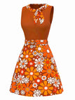 [Prévente] Robeà fleurs bohème psychédélique orange avec ceinture années 1960