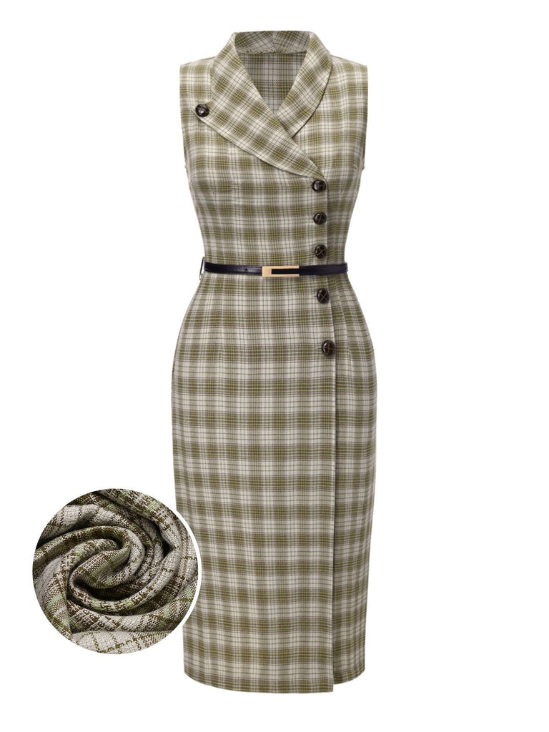 [Prévente] Robe à carreaux boutonnée à revers vert pois des années 1960
