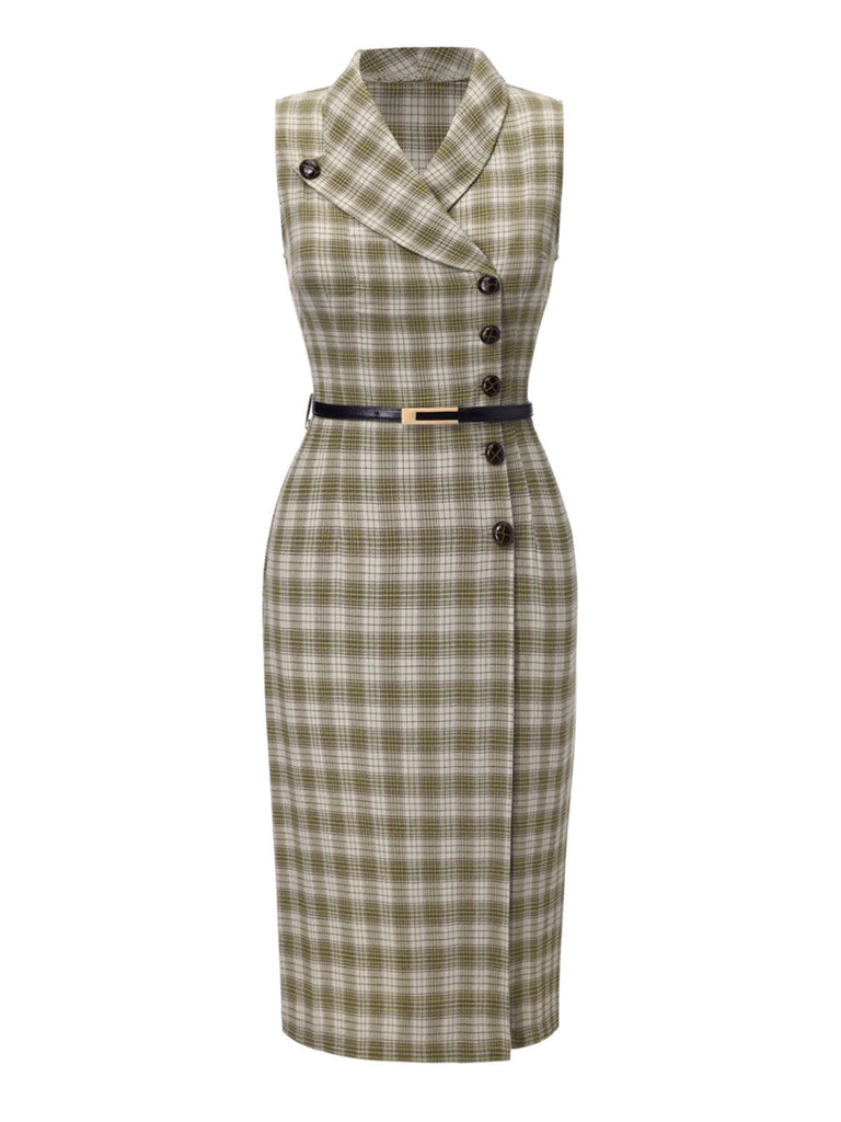 [Prévente] Robe à carreaux boutonnée à revers vert pois des années 1960