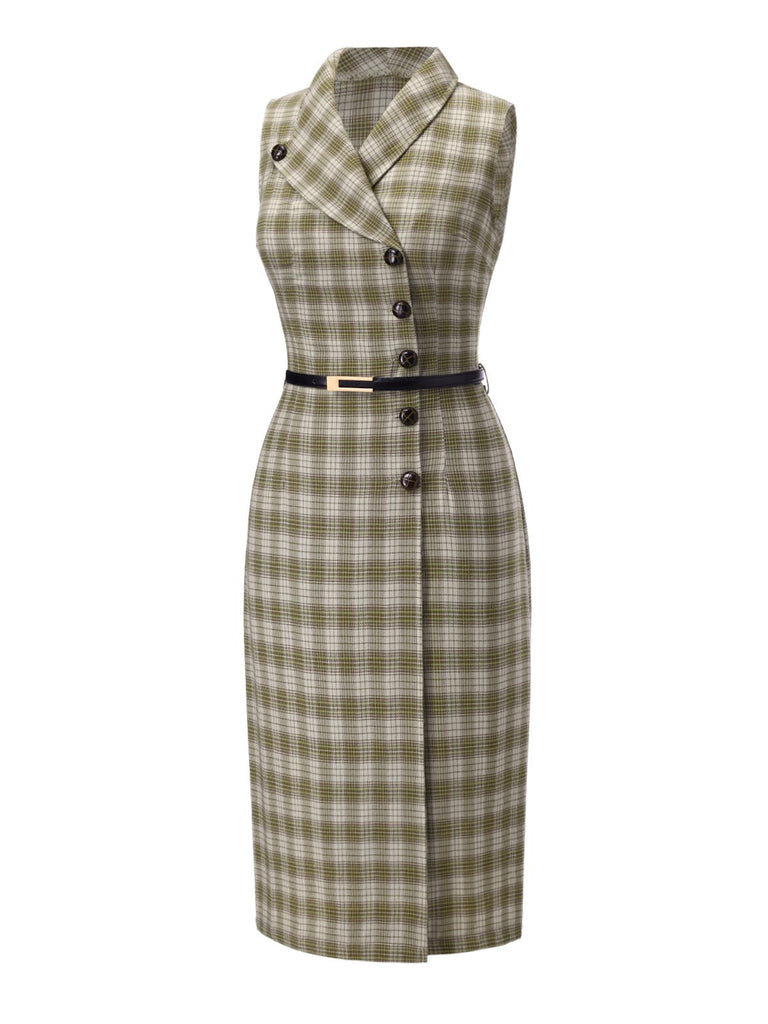 [Prévente] Robe à carreaux boutonnée à revers vert pois des années 1960