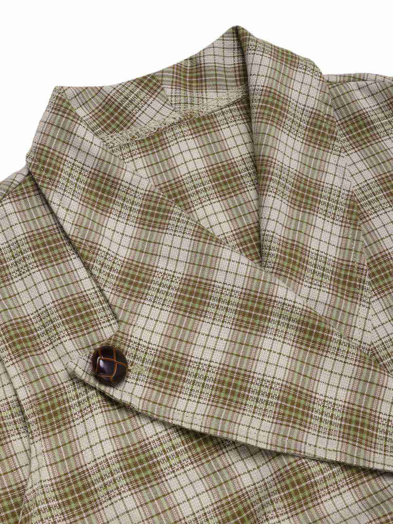 [Prévente] Robe à carreaux boutonnée à revers vert pois des années 1960