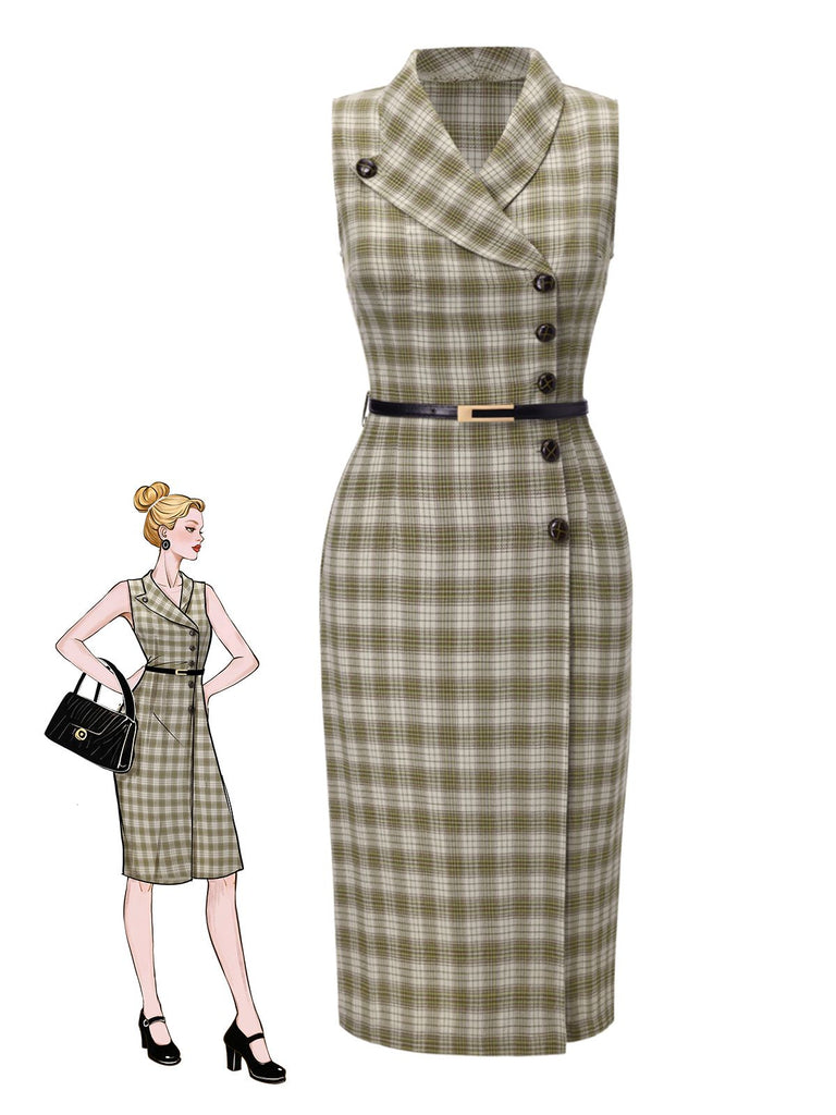 [Prévente] Robe à carreaux boutonnée à revers vert pois des années 1960