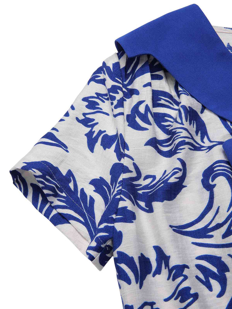 [Prévente] Robe bleue col noué et revers motif feuilles des années 1940
