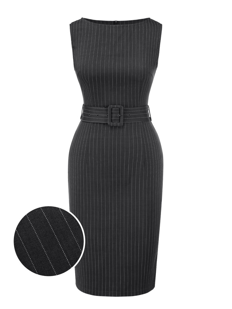 Robe crayon gris foncé à fines rayures années 1960