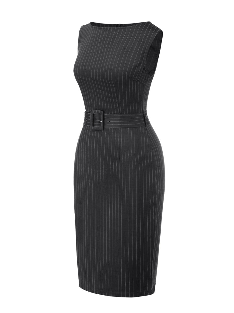 Robe crayon gris foncé à fines rayures années 1960