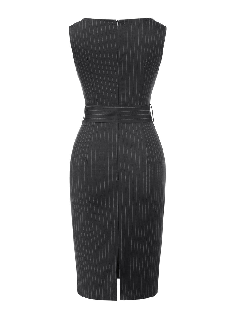 Robe crayon gris foncé à fines rayures années 1960