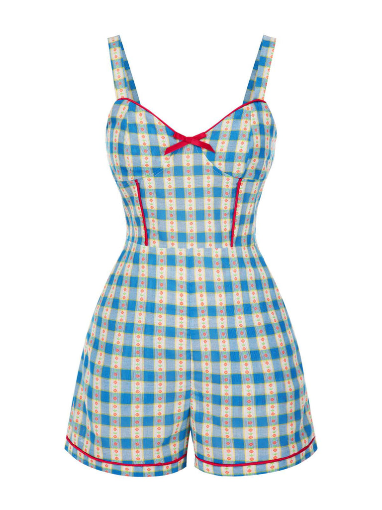 [Prévente] Combishort bleue fleur à carreaux vichy nœud années 1950