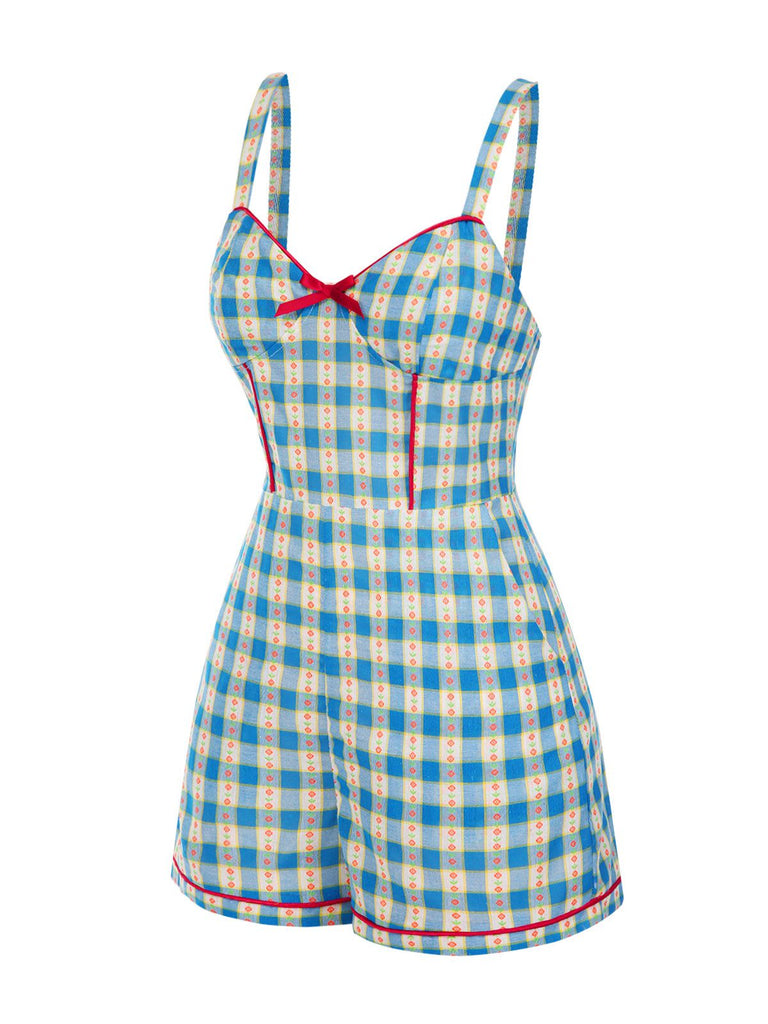 [Prévente] Combishort bleue fleur à carreaux vichy nœud années 1950