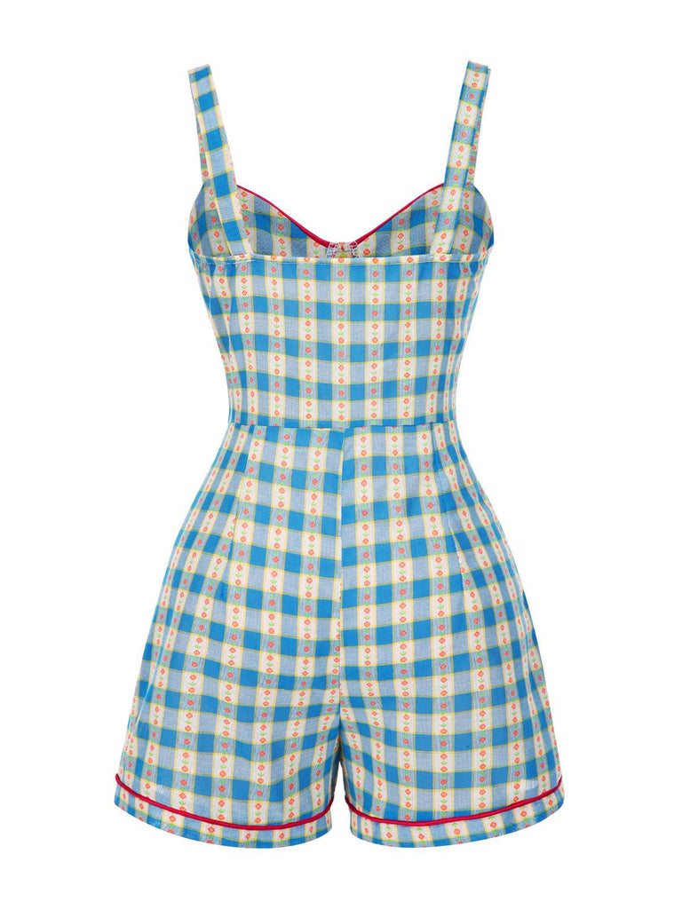 [Prévente] Combishort bleue fleur à carreaux vichy nœud années 1950