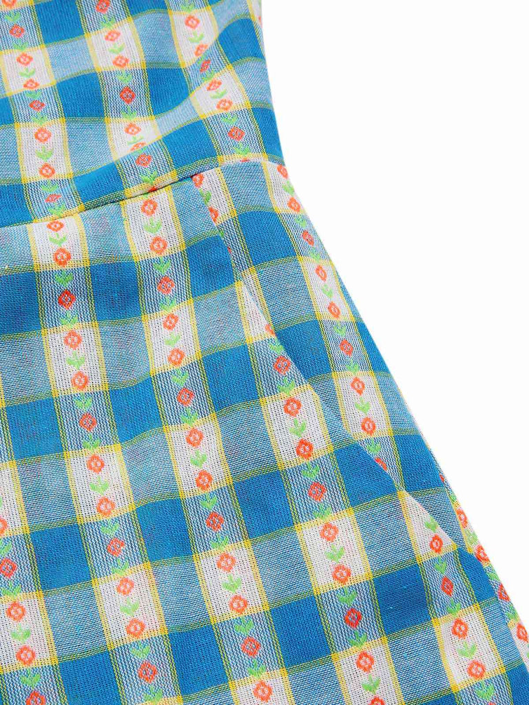 [Prévente] Combishort bleue fleur à carreaux vichy nœud années 1950