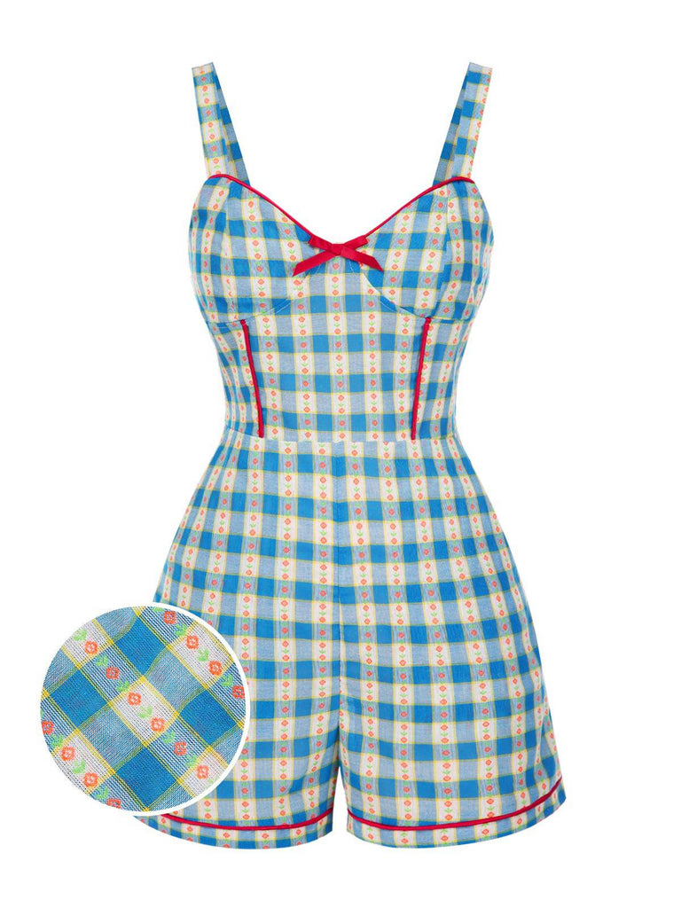 [Prévente] Combishort bleue fleur à carreaux vichy nœud années 1950
