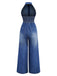 Combinaison en jean bleu à revers sans manches et jambe large des années 1930