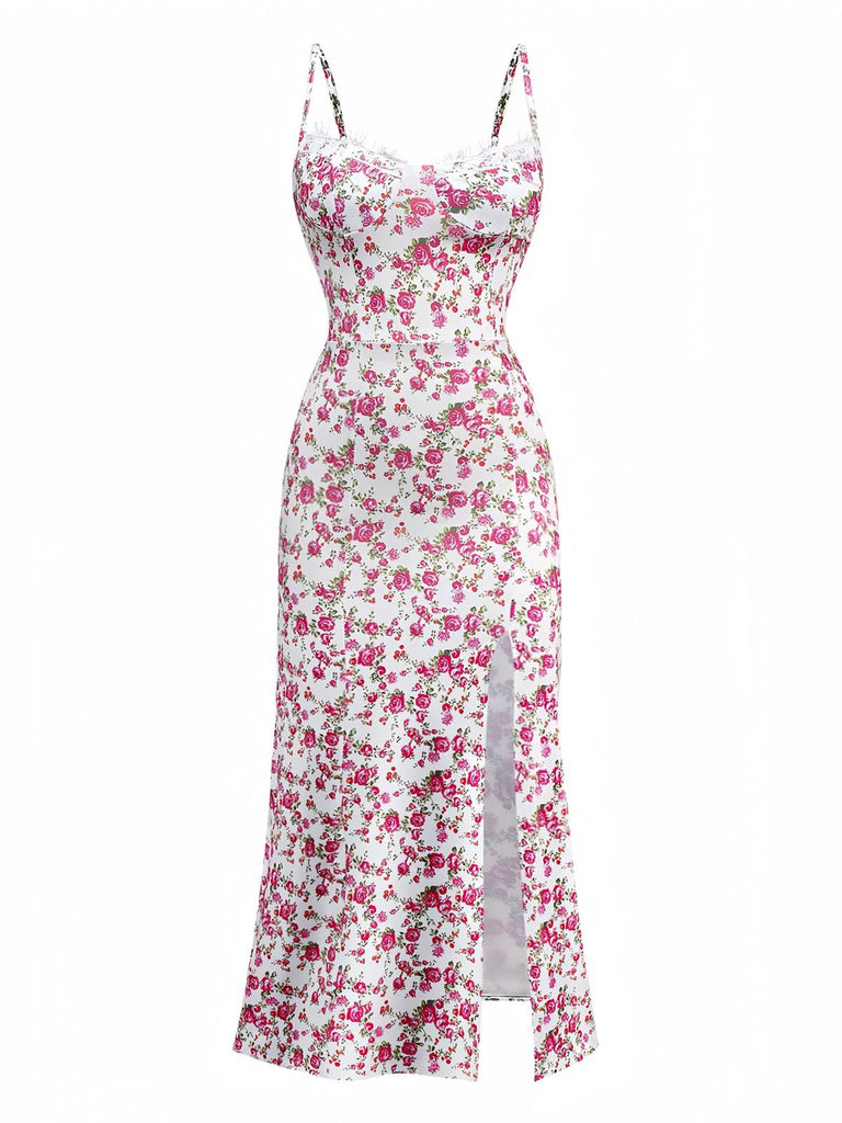 Robe blanche à petites fleurs nuisette fenduedes années 1940