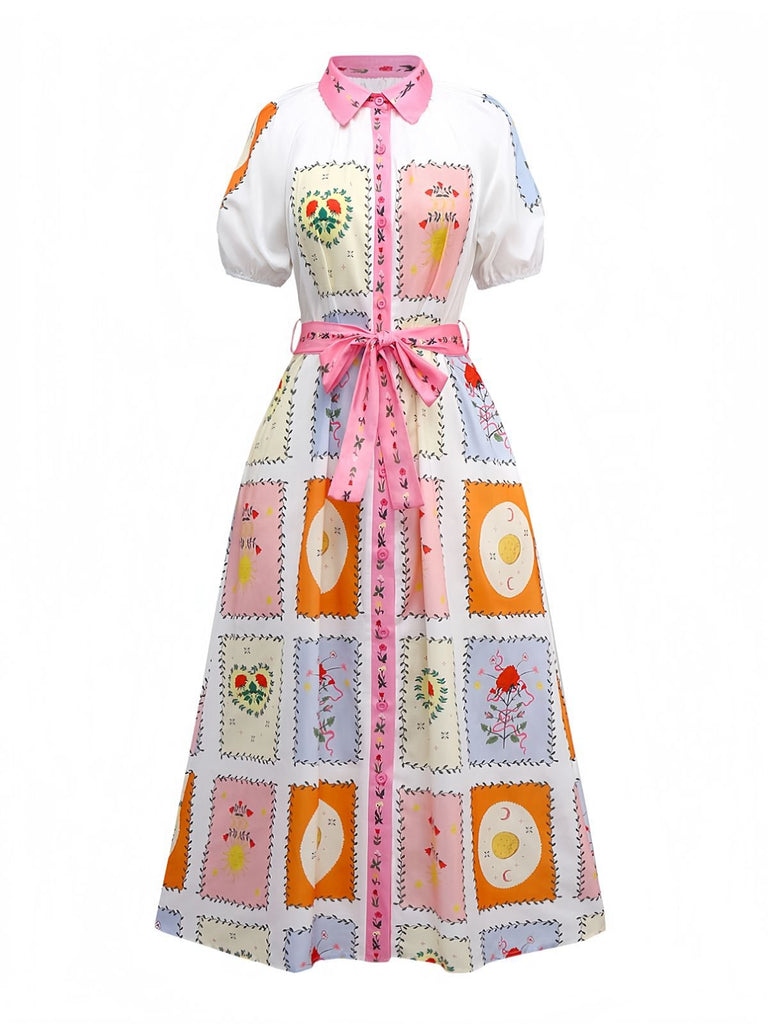 Robe ceinturée multicolore fleurs motif soleil et lune des années 1930