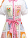 Robe ceinturée multicolore fleurs motif soleil et lune des années 1930