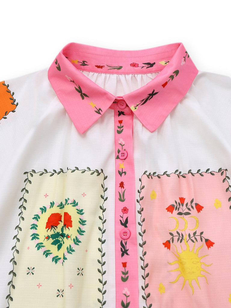Robe ceinturée multicolore fleurs motif soleil et lune des années 1930