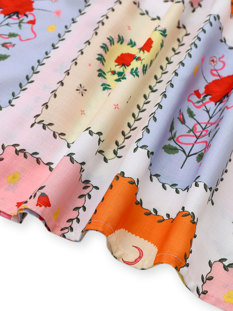Robe ceinturée multicolore fleurs motif soleil et lune des années 1930