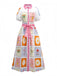 Robe ceinturée multicolore fleurs motif soleil et lune des années 1930