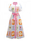 Robe ceinturée multicolore fleurs motif soleil et lune des années 1930