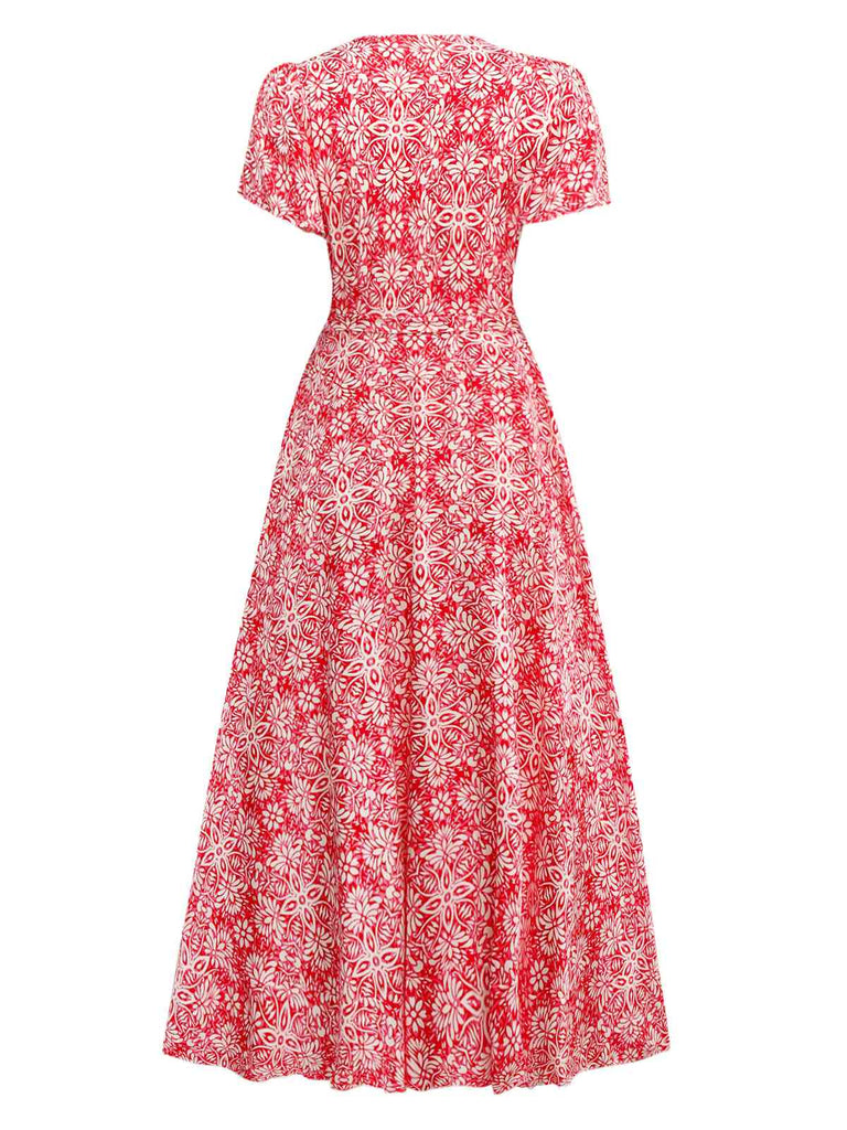 Robe portefeuille fleurie bohème rouge des années 1940