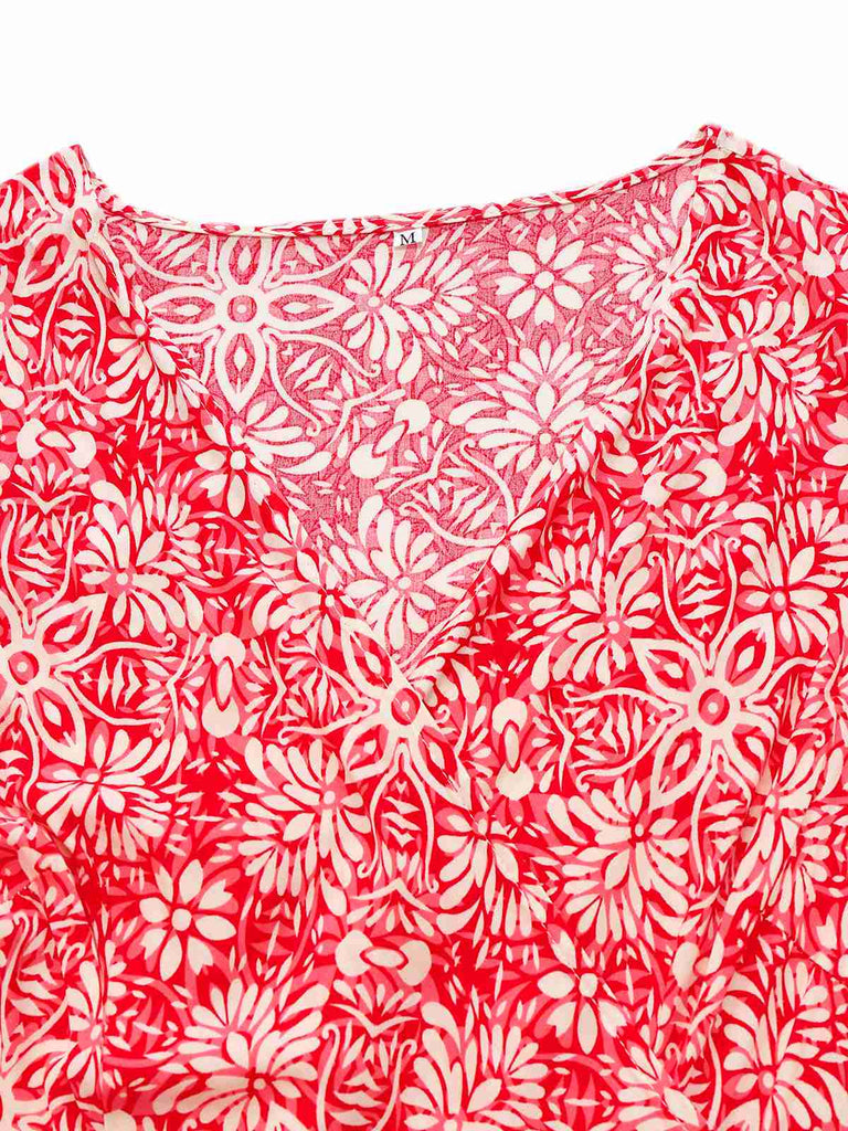 Robe portefeuille fleurie bohème rouge des années 1940