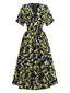 Robe en mousseline de soie jaune citron col V et smocks des années 1950
