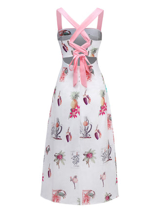 Robe rose à bretelles lacets dans le dos imprimé tropical années 1960