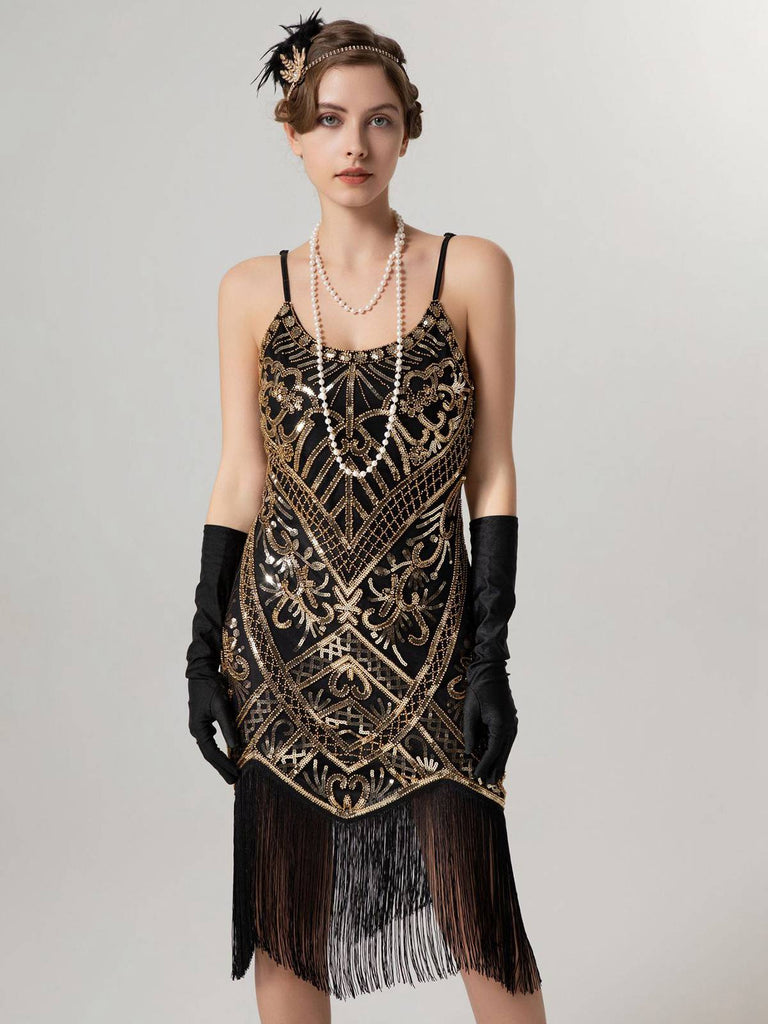 Robe à bretelles spaghetti et pompons pailletés des années 1920