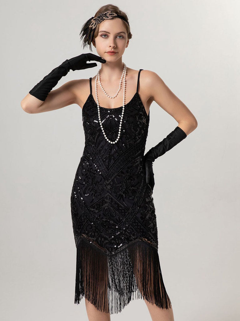 Robe à bretelles spaghetti et pompons pailletés des années 1920
