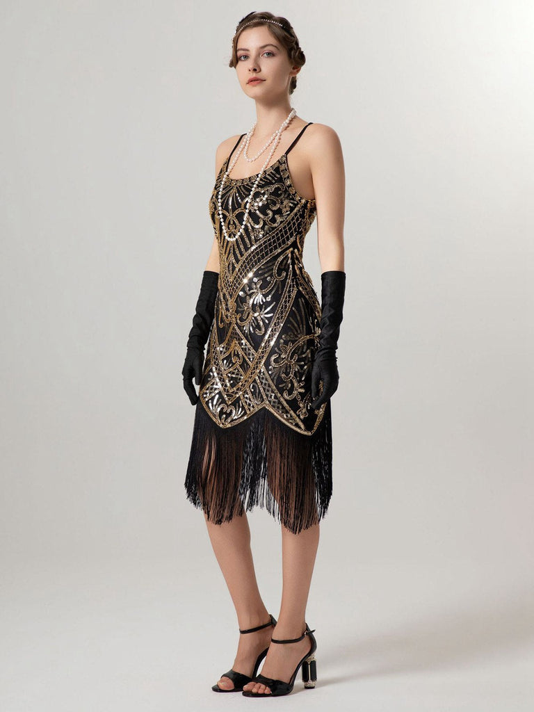 Robe à bretelles spaghetti et pompons pailletés des années 1920
