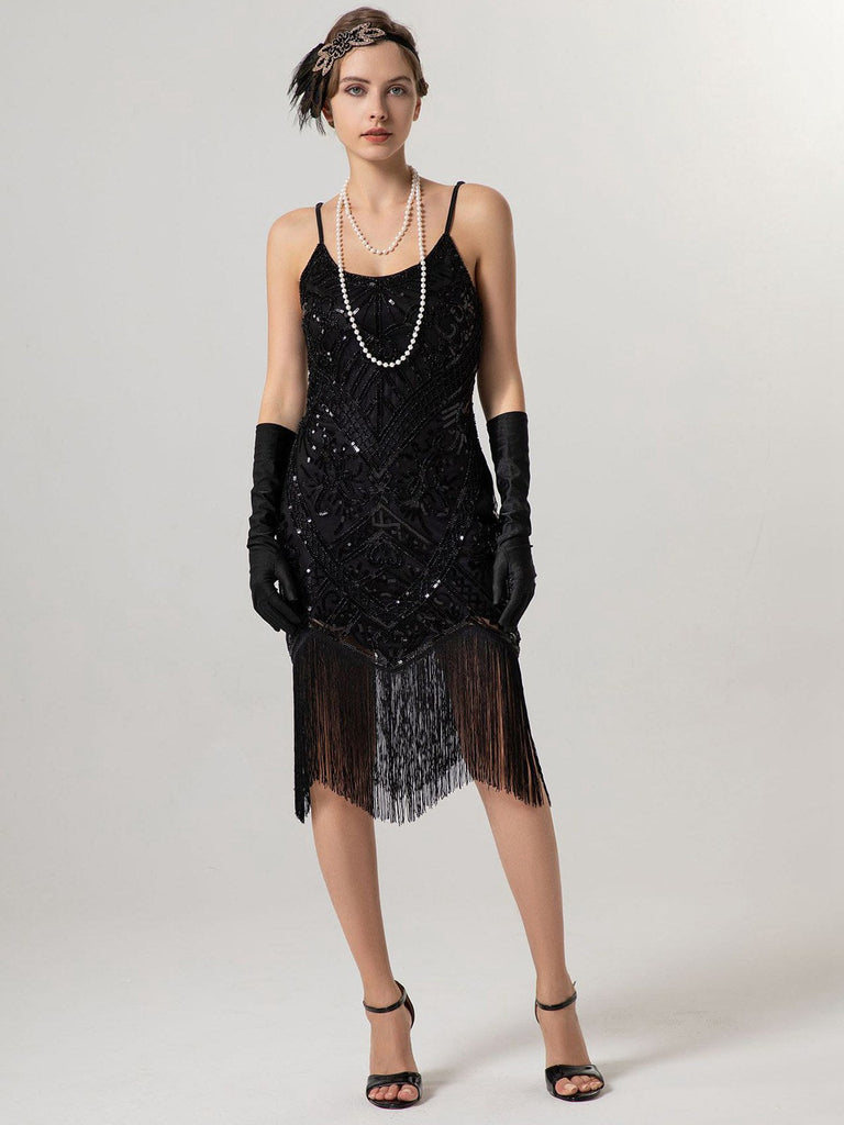 Robe à bretelles spaghetti et pompons pailletés des années 1920