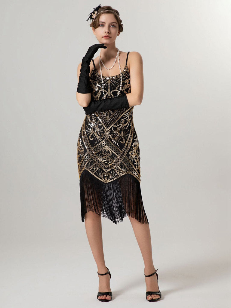 Robe à bretelles spaghetti et pompons pailletés des années 1920