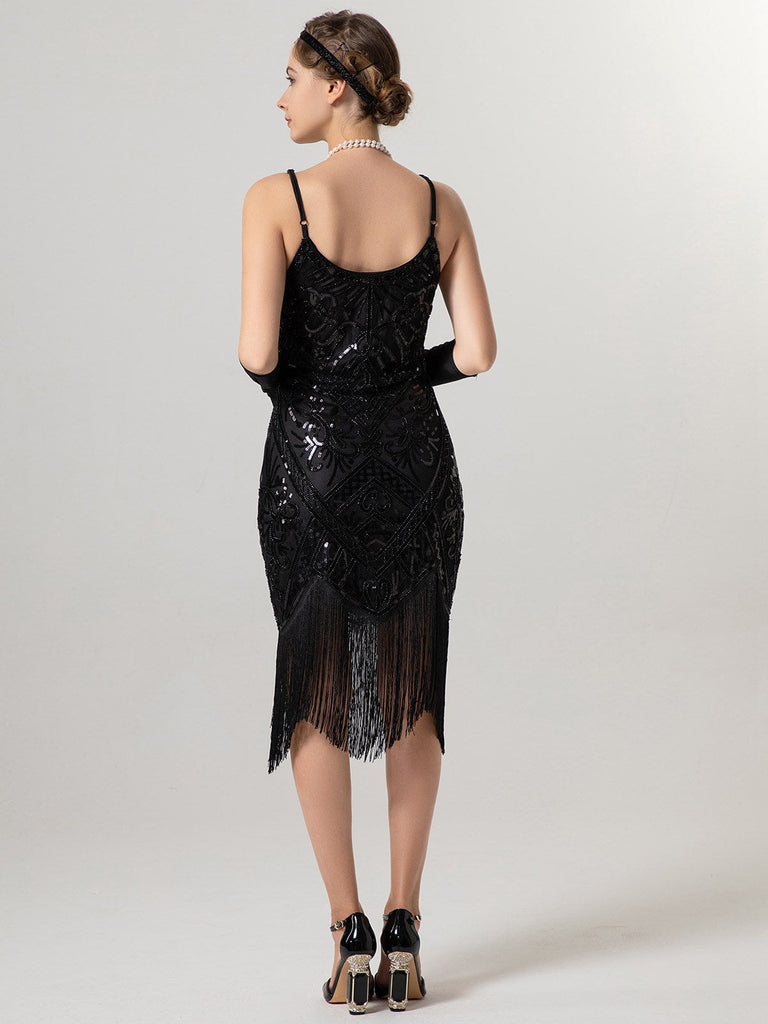 Robe à bretelles spaghetti et pompons pailletés des années 1920