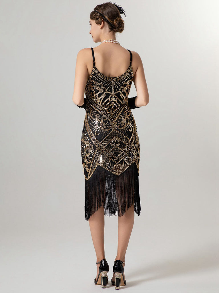 Robe à bretelles spaghetti et pompons pailletés des années 1920