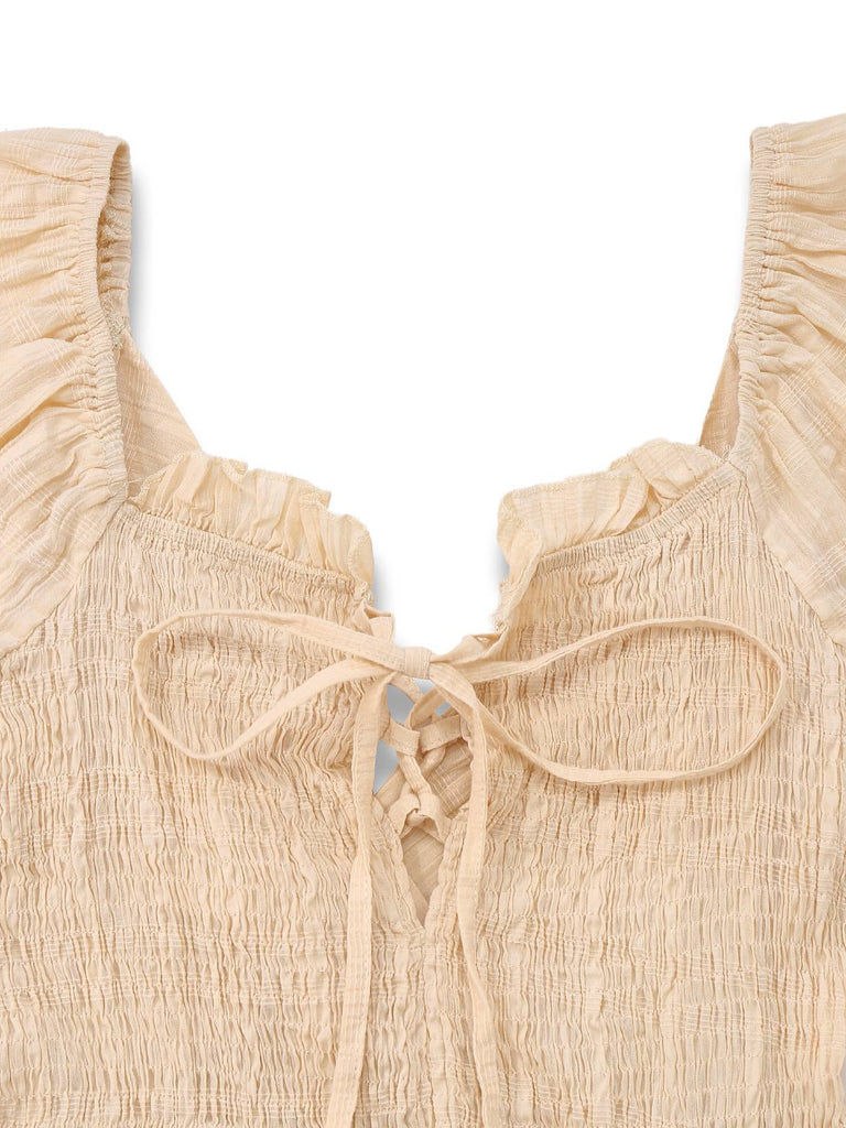 Robe froncée en coton abricot uni avec liens au dos des années 1950