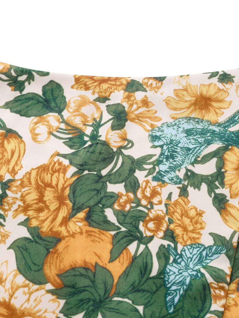 2PCS Haut à larges bretelles et mini-jupe jaune fleurs années 1950