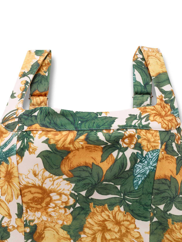 2PCS Haut à larges bretelles et mini-jupe jaune fleurs années 1950