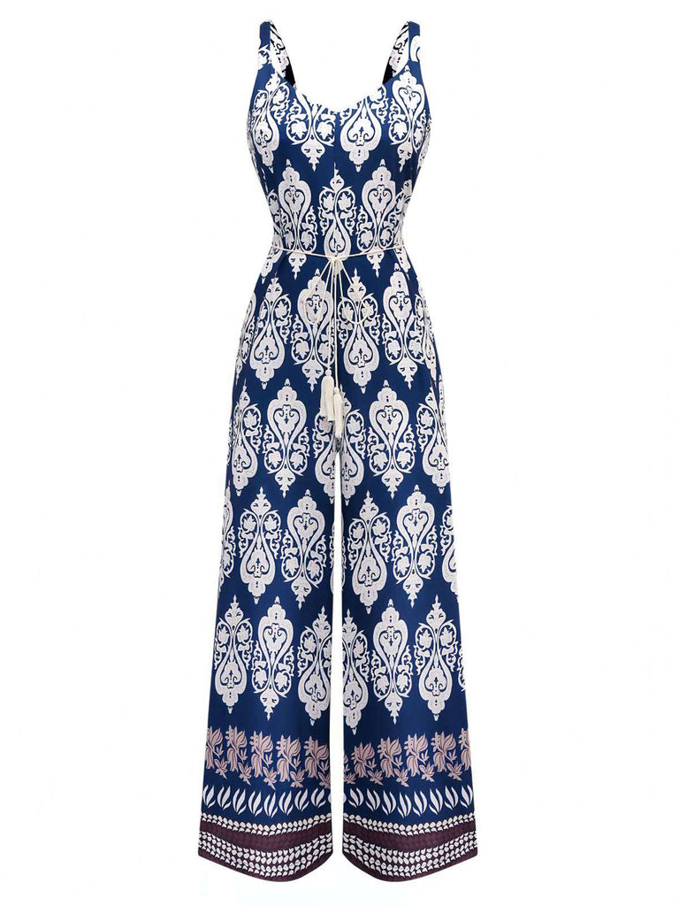 Combinaison bleue bohème à bretelles ceinture années 1970