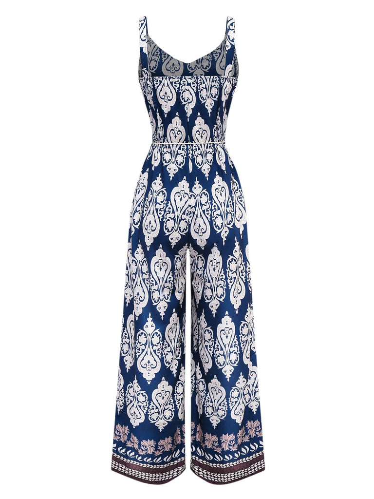 Combinaison bleue bohème à bretelles ceinture années 1970