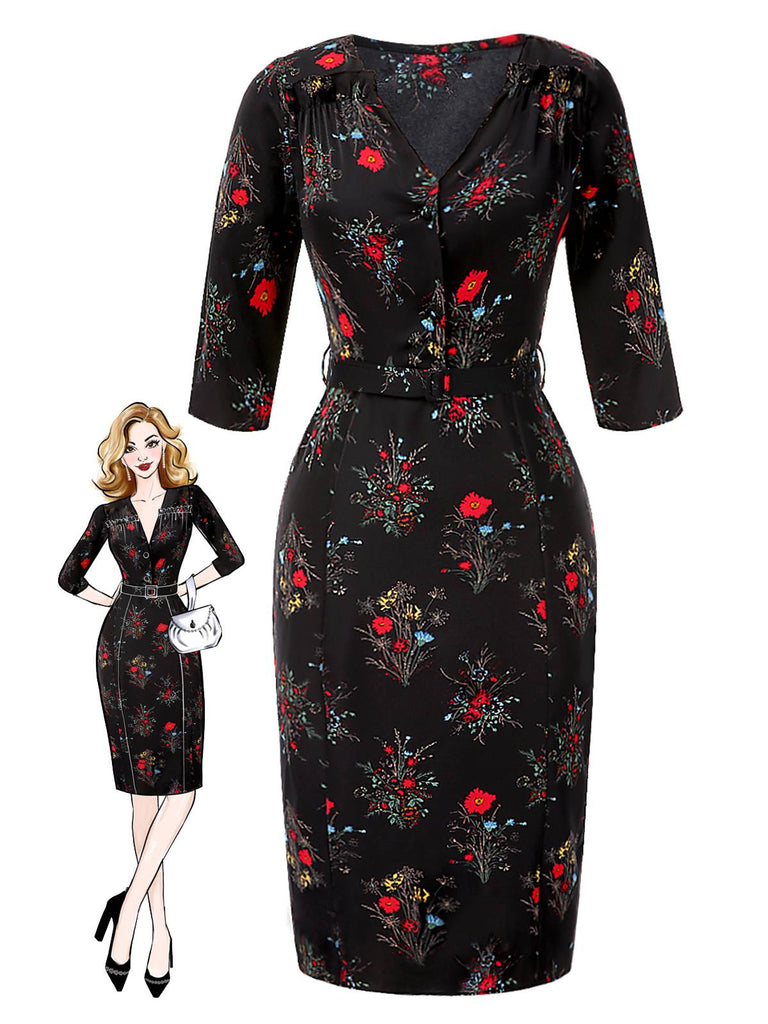 [Prévente] Robe crayon fleurie noire manches trois-quarts des années 1960
