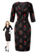 [Prévente] Robe crayon fleurie noire manches trois-quarts des années 1960