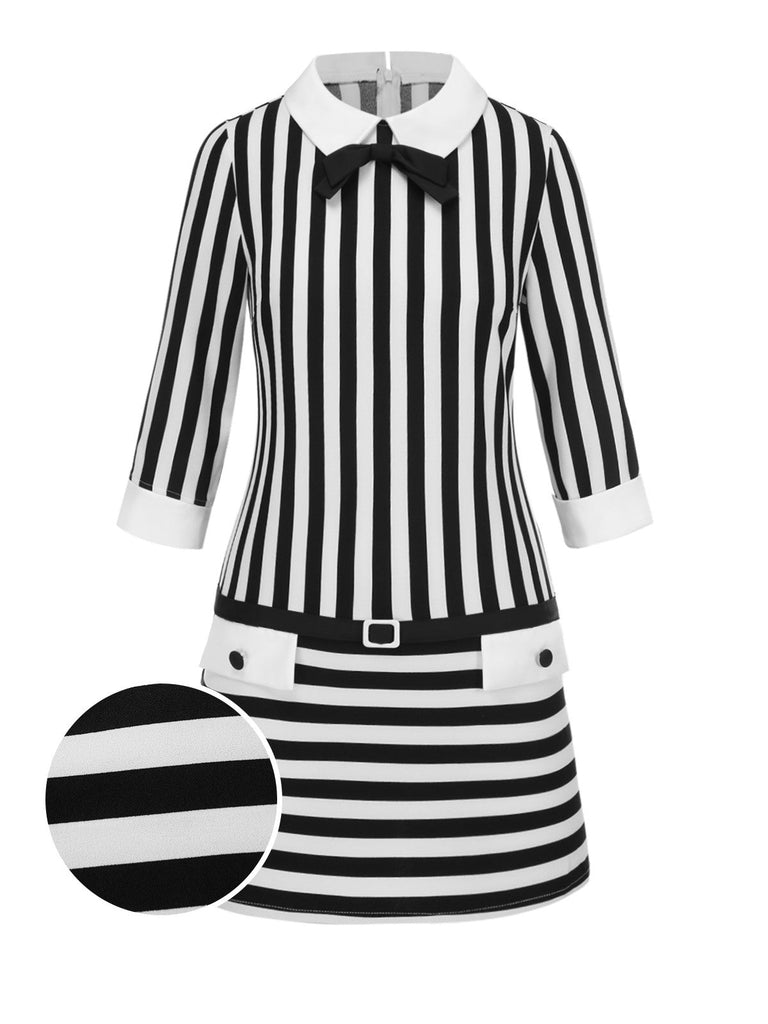 [Prévente] Robe rayée noire et blanche taille basse avec nœud années 1960