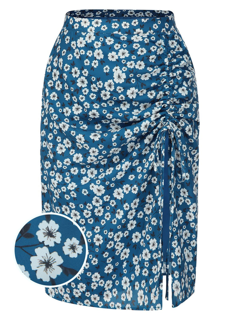 [Prévente] Jupe crayon bleue marguerites mousseline de soie années 1960