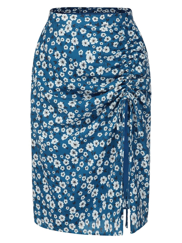 [Prévente] Jupe crayon bleue marguerites mousseline de soie années 1960