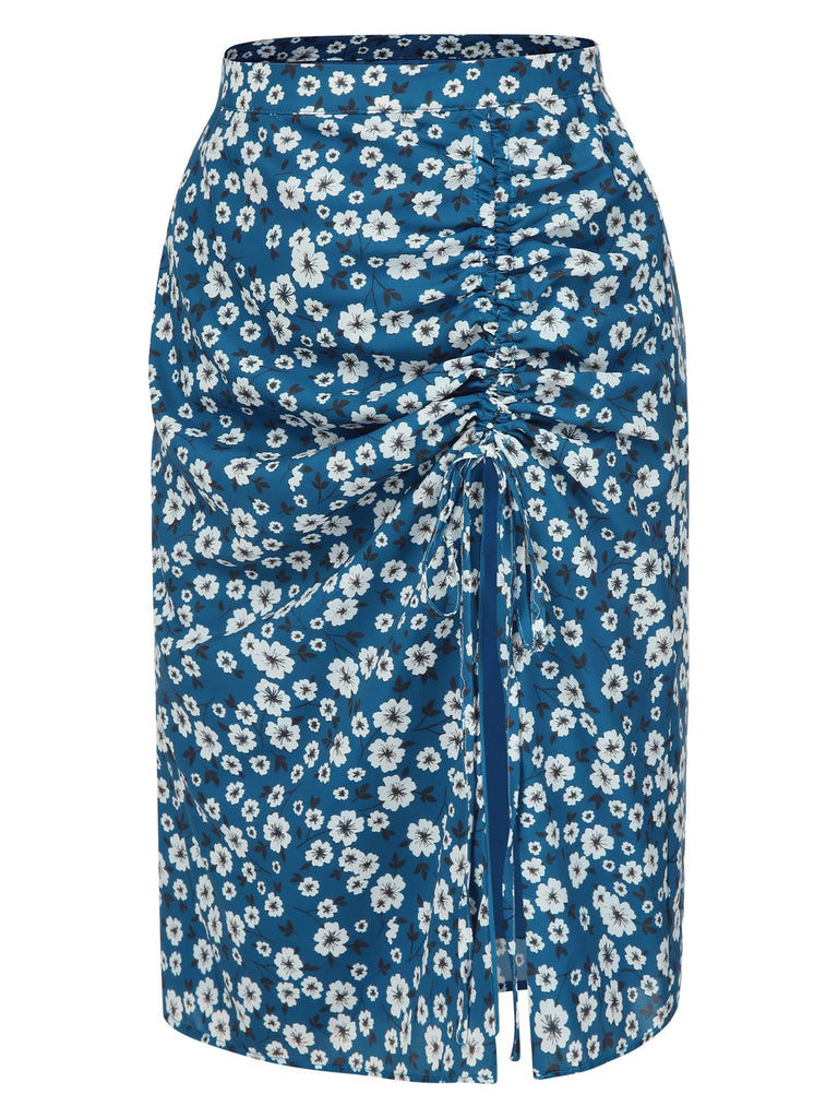 [Prévente] Jupe crayon bleue marguerites mousseline de soie années 1960